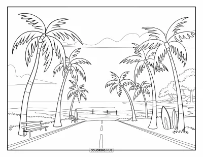Coloriage de plage pour enfants : Une route pittoresque le long de la côte avec des palmiers et des rives sablonneuses
