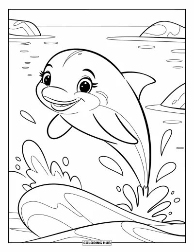 Coloriage de plage pour enfants : Un dauphin joueur saute au-dessus des vagues en éclaboussant l'océan