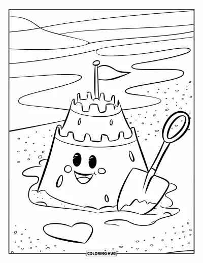 Coloriage de plage pour enfants : Un château de sable joueur avec un visage souriant et un petit drapeau près des vagues