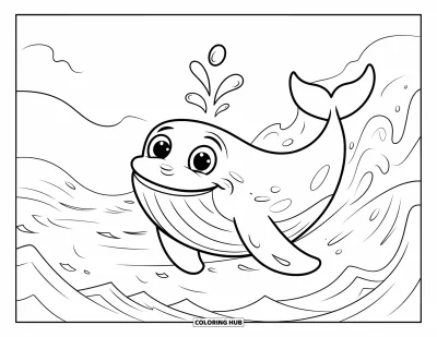 Coloriage de plage pour enfants : Une baleine joueuse souffle de l'eau avec des bulles qui flottent autour
