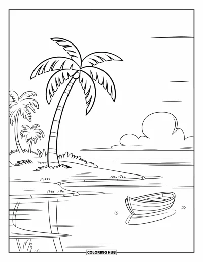Coloriage de plage pour enfants : Une île tropicale tranquille avec un seul palmier et une barque en bois flottante