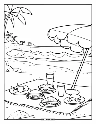 Coloriage de plage pour enfants : Un pique-nique détente sur la plage avec panier de snacks, fruits frais et boissons fraîches