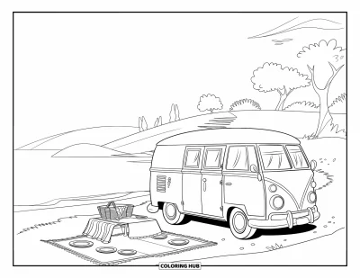 Coloriage de plage pour enfants : Un van de camping rétro avec un pique-nique installé près d'un rivage tranquille