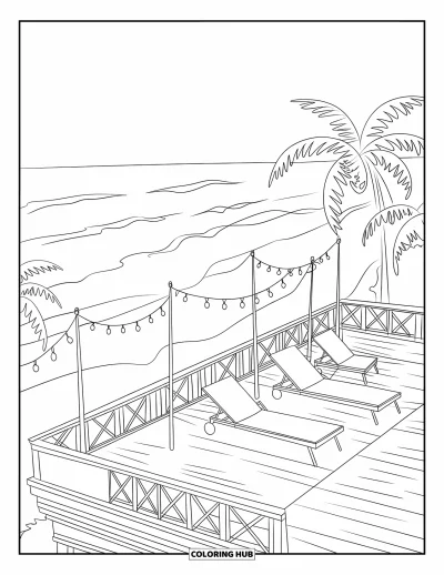 Coloriage de plage pour enfants : Une terrasse sur le toit avec chaises longues et guirlandes lumineuses donnant sur l'océan