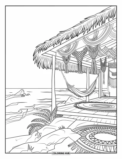 Coloriage de plage pour enfants : Une maison de plage rustique avec vue sur l'océan, hamacs et décor en macramé
