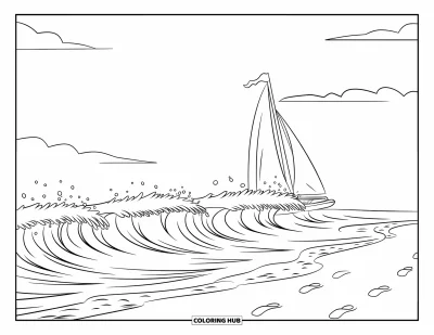 Coloriage de plage pour enfants : Un voilier glisse à l'horizon tandis que les vagues se brisent sur le rivage