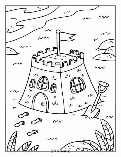 Coloriage de plage pour enfants : Un château de sable avec des fenêtres et un drapeau, entouré d'empreintes dans le sable