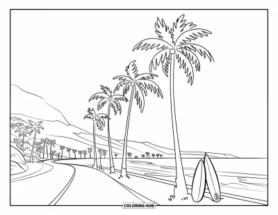 Coloriage de plage pour enfants : Une route côtière pittoresque bordée de palmiers menant à une plage ensoleillée