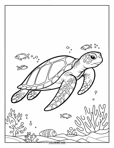 Coloriage de plage pour enfants : Une tortue de mer nage parmi les récifs coralliens, entourée de petits poissons