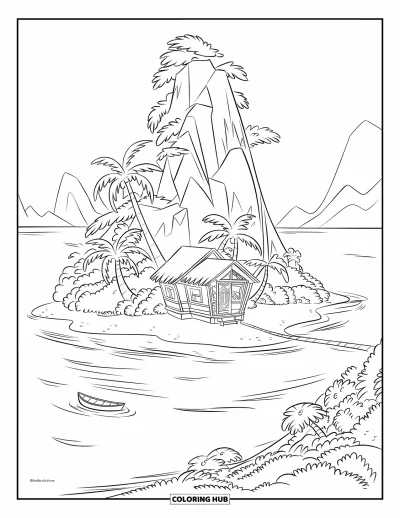 Coloriage de plage pour enfants : Une île isolée avec une petite hutte, une végétation luxuriante et une plage tranquille