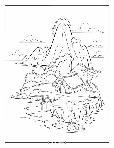 Coloriage de plage pour enfants : Une île isolée avec une petite hutte sur pilotis, entourée de palmiers et de vagues océanes