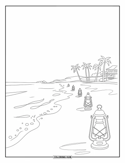 Coloriage de plage pour enfants : Une scène de plage sereine au crépuscule, éclairée par des lanternes et de douces vagues