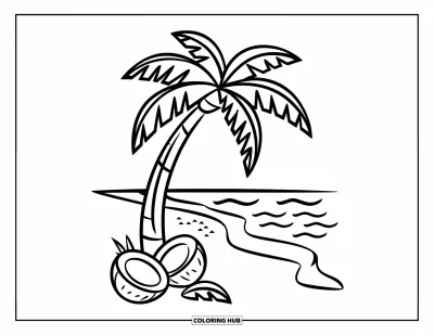 Coloriage de plage pour enfants : Un simple palmier avec des noix de coco au bord du rivage