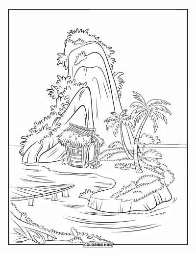 Coloriage de plage pour enfants : Une petite île avec une hutte en bois, une plage de sable et un pont qui y mène