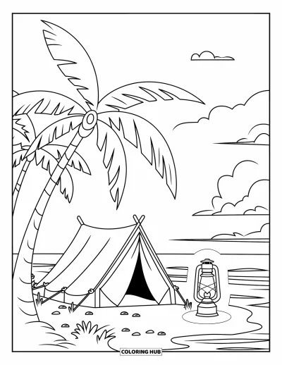 Coloriage de plage pour enfants : Une petite tente installée près de palmiers, doucement éclairée par une lanterne en bord de plage