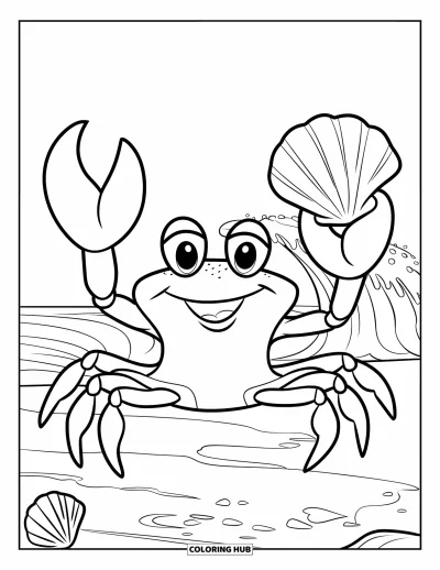 Coloriage de plage pour enfants : Un crabe souriant aux grands yeux tient un coquillage pendant que les vagues se brisent à côté