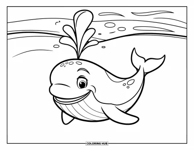 Coloriage de plage pour enfants : Une baleine souriante éclabousse dans l'océan, entourée de petits poissons