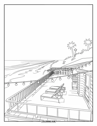 Coloriage de plage pour enfants : Une élégante terrasse en bord de mer avec des chaises longues et une vue imprenable sur la mer