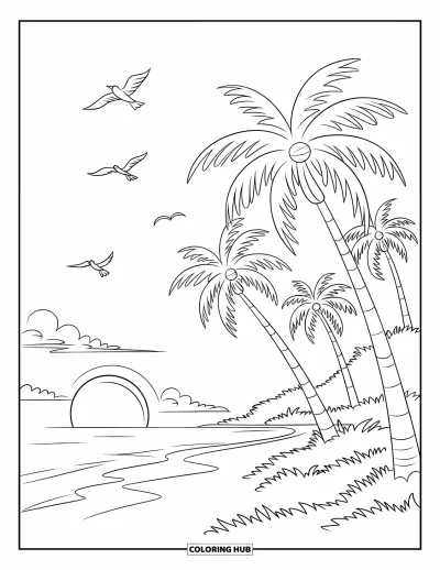 Coloriage de plage pour enfants : Une scène de plage au coucher du soleil avec de hauts palmiers et des vagues qui atteignent doucement le rivage