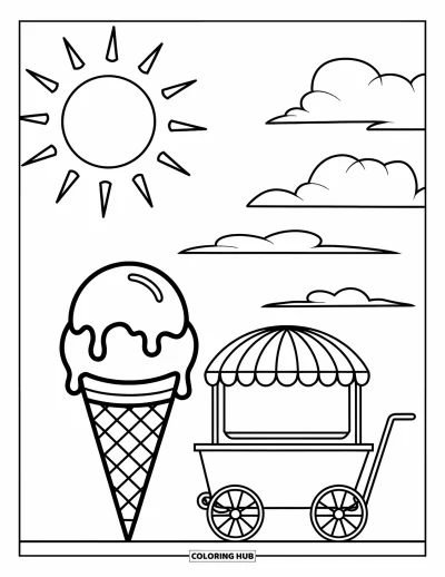 Coloriage de plage pour enfants : Un doux cornet de glace qui fond pendant une journée ensoleillée