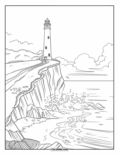 Coloriage de plage pour enfants : Un grand phare se dresse sur une falaise pendant que les vagues frappent la côte rocheuse