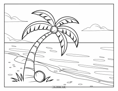 Coloriage de plage pour enfants : Un grand palmier chargé de noix de coco sur une plage paisible