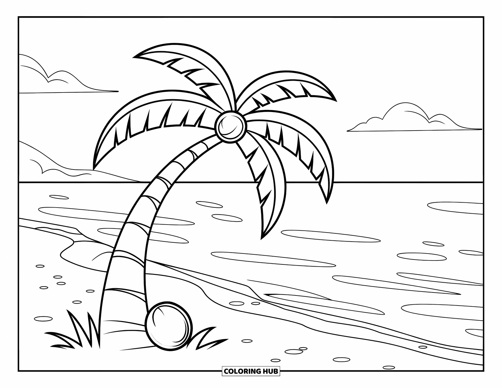 Strand Kleurplaat voor Kinderen: Een hoge palmboom met kokosnoten, staande op een vredig strand