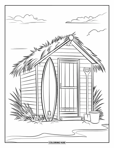 Coloriage de plage pour enfants : Une minuscule cabane de plage avec une planche de surf, une porte en bois et un seau dans le sable