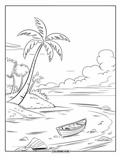 Coloriage de plage pour enfants : Une minuscule île avec plage de sable, palmier et vue calme sur l'océan