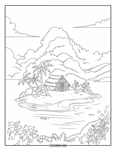 Coloriage de plage pour enfants : Une petite île avec une hutte au toit de chaume, entourée de palmiers et d'eaux bleues