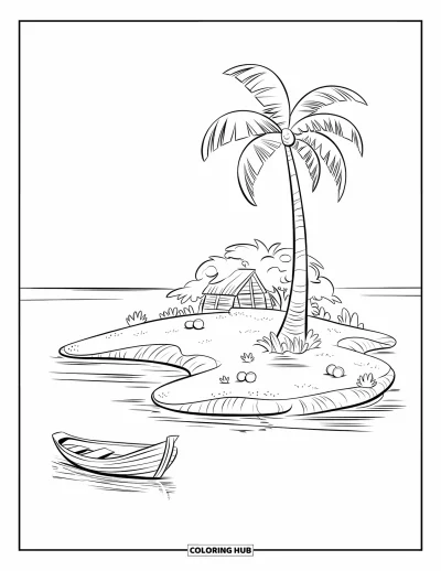 Coloriage de plage pour enfants : Une minuscule île tropicale avec un seul palmier et une barque en bois qui flotte à proximité