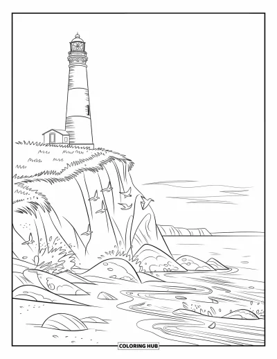 Coloriage de plage pour enfants : Un phare imposant sur une falaise côtière avec les vagues qui se brisent en contrebas
