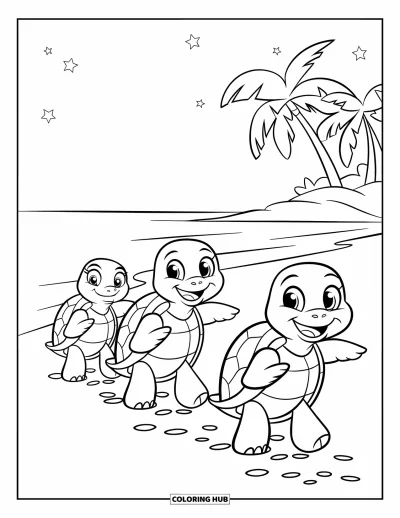 Coloriage de plage pour enfants : Un trio de tortues souriantes avance lentement sur le sable