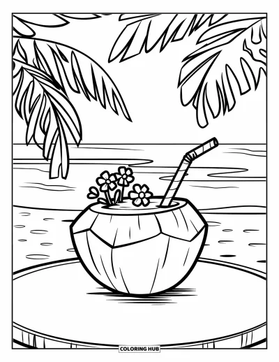 Coloriage de plage pour enfants : Une boisson tropicale à la noix de coco sur une table, avec des palmiers en arrière-plan