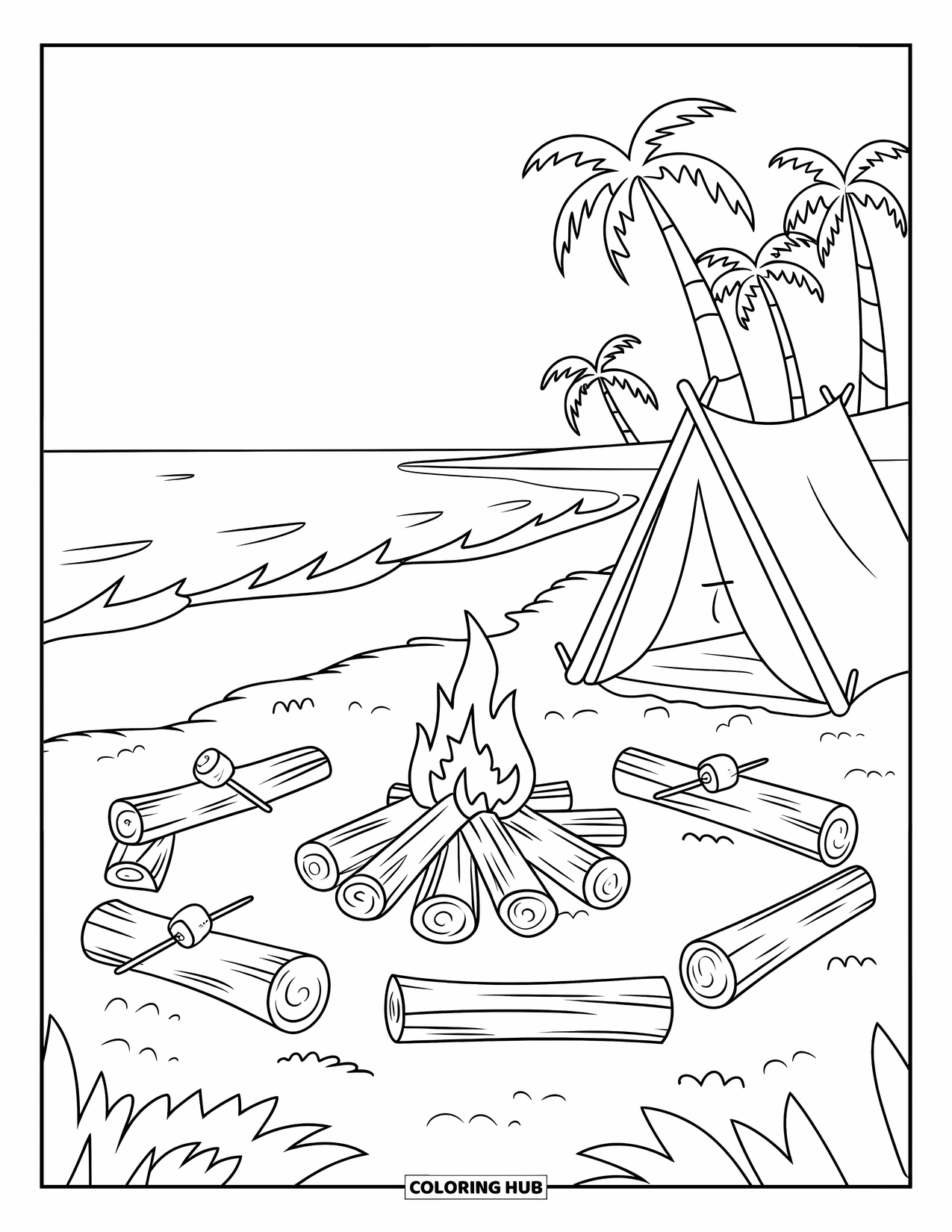 Strand Kleurplaat voor Kinderen: Een warm strandkampvuur met een kleine tent en knetterende vlammen