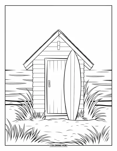 Coloriage de plage pour enfants : Une cabane de plage en bois avec une planche de surf, nichée parmi de hautes herbes