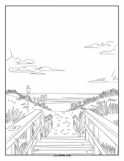 Coloriage de plage pour enfants : Une promenade en bois qui s'étire vers l'océan, entourée d'herbes de plage