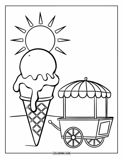 Coloriage de plage pour enfants : Un cornet de glace à deux boules qui fondent au soleil