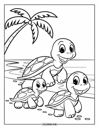 Coloriage de plage pour enfants : Trois adorables tortues se dandinent le long du rivage en laissant des empreintes