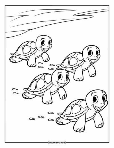 Coloriage de plage pour enfants : Trois tortues heureuses laissent de petites empreintes en marchant le long de la plage