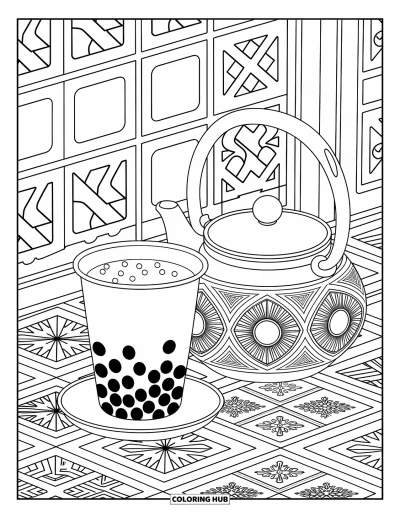 Tegning med bubble tea til voksne: En bubble tea-kop og en tekande sidder sammen omgivet af elegante flisemønstre og kurver