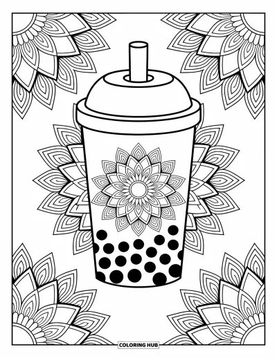 Tegning med bubble tea til voksne: En bubble tea-kop dækket af geometriske mandalaer omgivet af elegante svirpende mønstre
