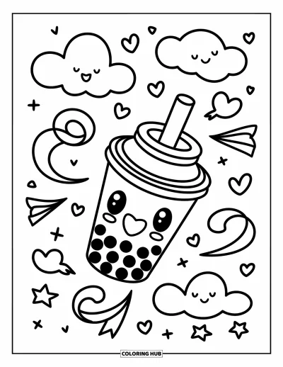 Tegning med bubble tea til voksne: En bubble tea-kop glider som et papirfly omgivet af fugle og flagrende bånd