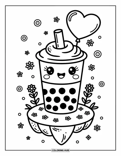 Tegning med bubble tea til voksne: En bubble tea-kop holder en hjerteballon på en svævende ø med små blomster
