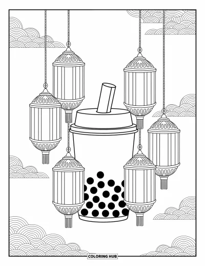 Tegning med bubble tea til voksne: En bubble tea-kop er omgivet af ornamenterede lanterner og bløde, svirpende skydesigns
