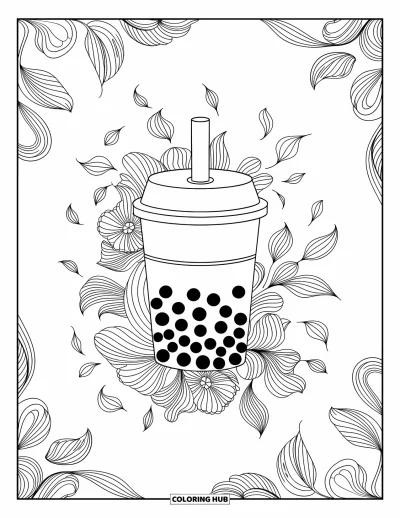 Tegning med bubble tea til voksne: En bubble tea-kop omgivet af svirpende blomstermotiver og elegante svævende blade