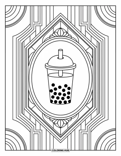 Tegning med bubble tea til voksne: En bubble tea-kop placeret i en intrikat art deco-ramme med skarpe, elegante mønstre