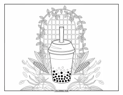 Tegning med bubble tea til voksne: En bubble tea-kop placeret under en espalier med svirpende ranker, blade og blomster