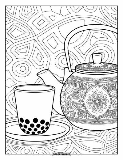 Tegning med bubble tea til voksne: En bubble tea-kop hviler ved en tekande med intrikate mønstre og svirpende designs