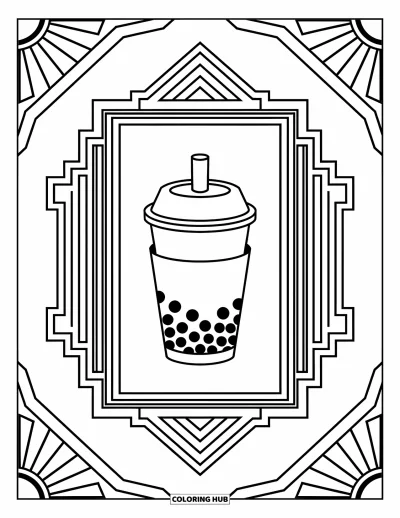Tegning med bubble tea til voksne: En bubble tea-kop hviler inde i en dekorativ ramme fyldt med detaljerede art deco-designs